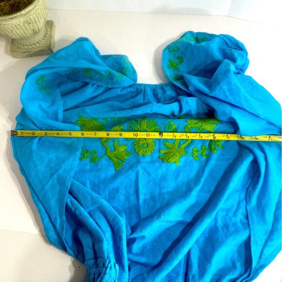 Debbie Katz South Beach Embroidered Turquoise Tunic with Fluted Sleeves Sz Large - Picture 9 of 10
